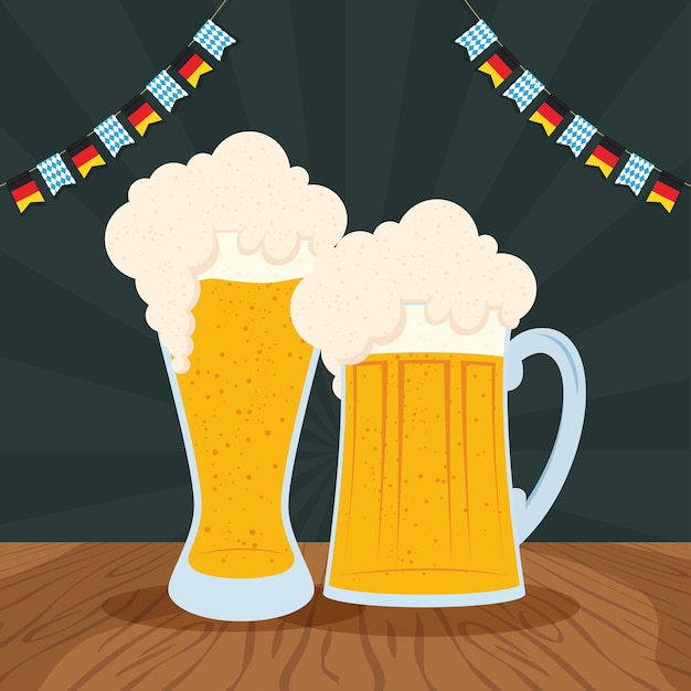 Celebrazione del partito oktoberfest con birre e ghirlande illustrazione vettoriale design