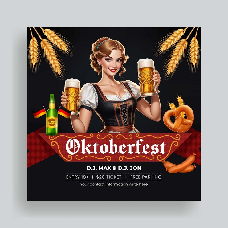 Vector oktoberfest party instagram post en web banner sjabloon aantrekkelijk serveerster meisje met bierkop