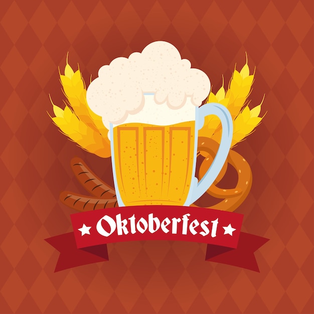 Oktoberfest party lettering in ribbon with beer jar and barley spikes vector illustration design