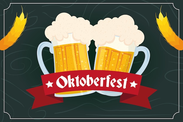 Oktoberfest party lettering in ribbon with beers jars vector illustration design