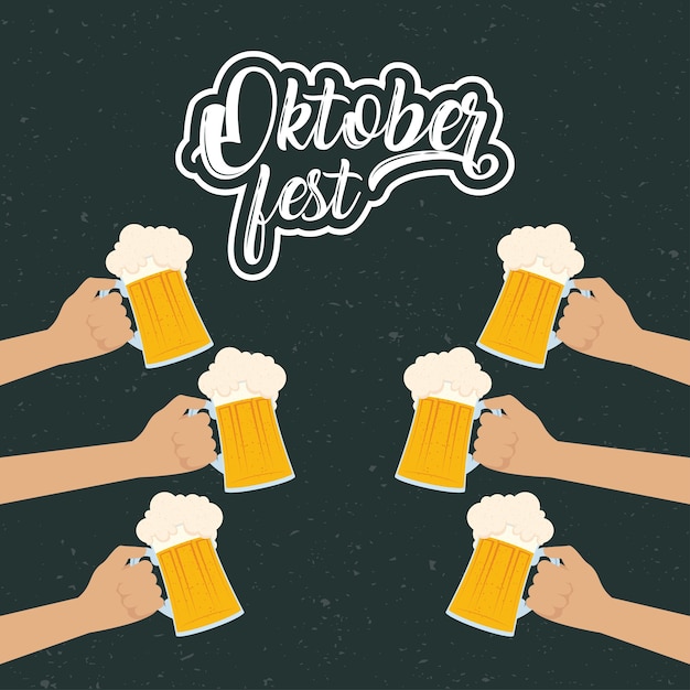 Oktoberfest party lettering with hands lifting beers vector illustration design