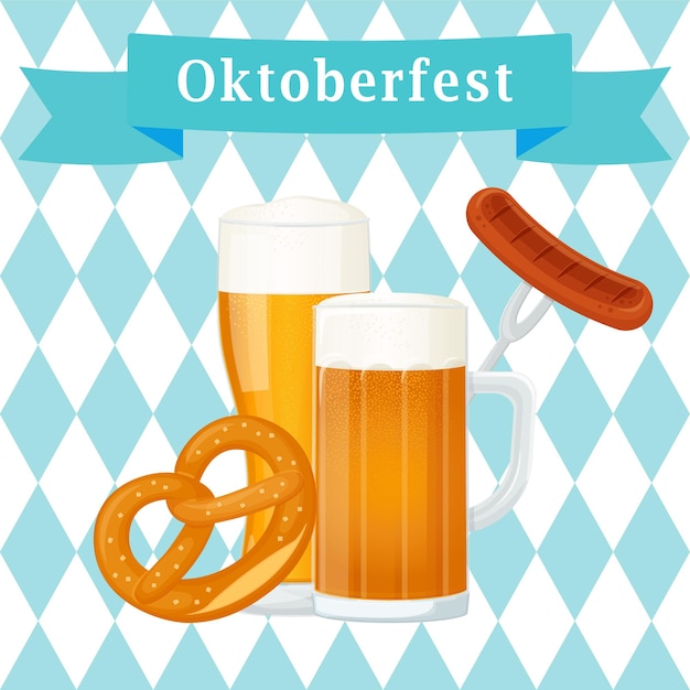 Oktoberfest poster banner of pint of beer pretzel sausage vector illustration on diamond background