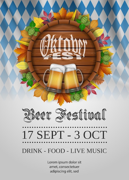 oktoberfest poster met herfstbladeren, hop, bierpullen en houten vat. bier festival achtergrond