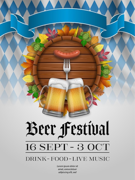 Oktoberfest poster met houten vat en bierpullen Bierfestival flyer