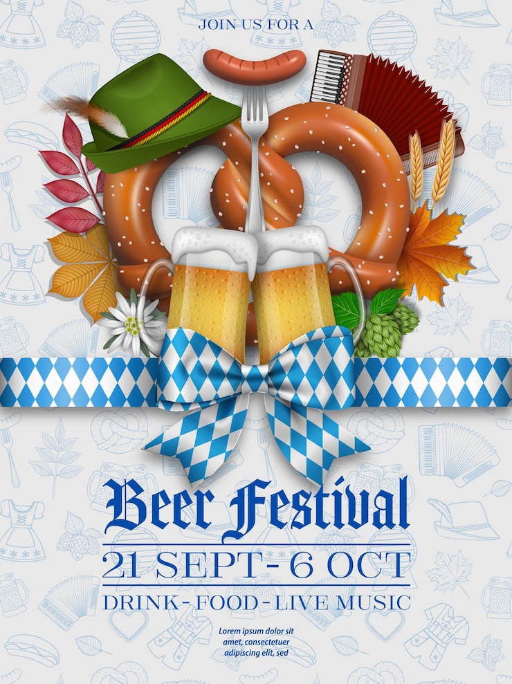 Vector oktoberfest poster met pretzel bier bekers en herfst bladeren duitse bier festival flyer