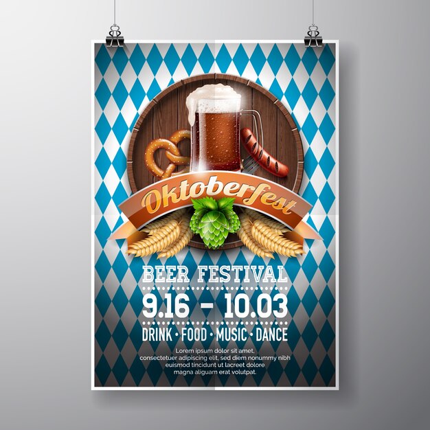 Oktoberfest poster vector illustration with fresh dark beer on wood texture background. celebration flyer template for traditional german beer festival.