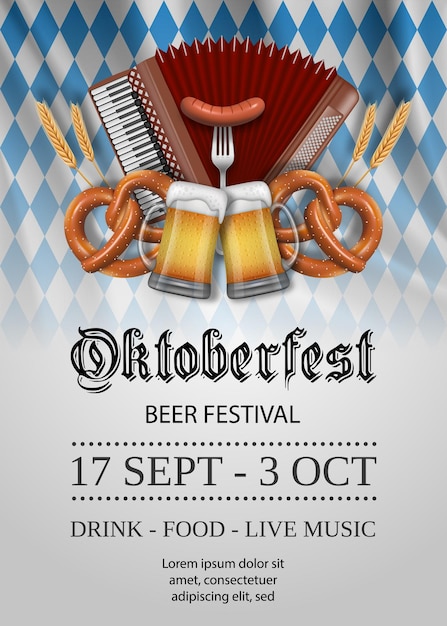 Vettore manifesto dell'oktoberfest con fisarmonica, pretzel e boccali di birra