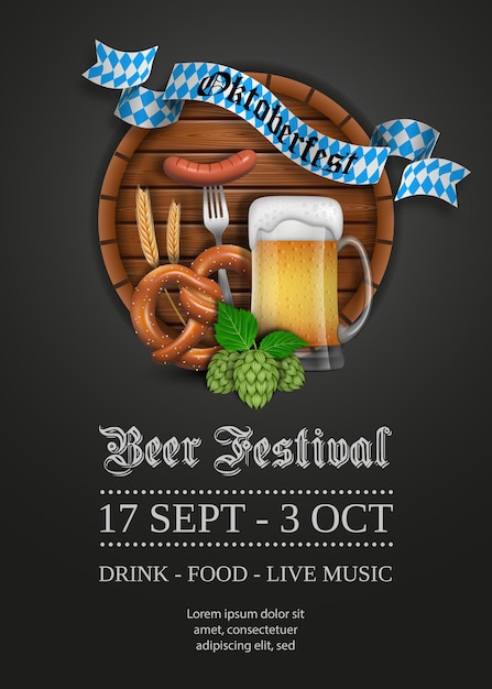 Oktoberfest poter with pretzel, beer mug, sausage and wooden barrel. beer festival background