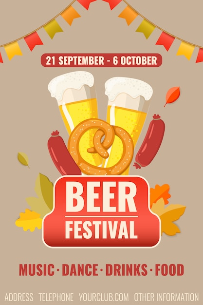 Oktoberfest. uitnodigingsaffiche voor bierfestival met bier, worst en krakeling.