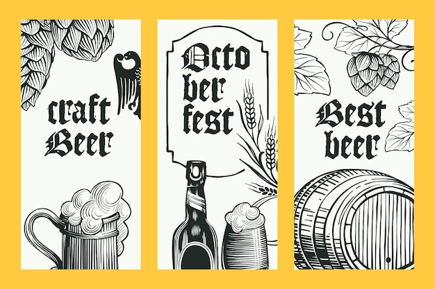 Oktoberfest vector banners set hand getrokken tarwe hop mok vat en flessen gravure stijl illustratie