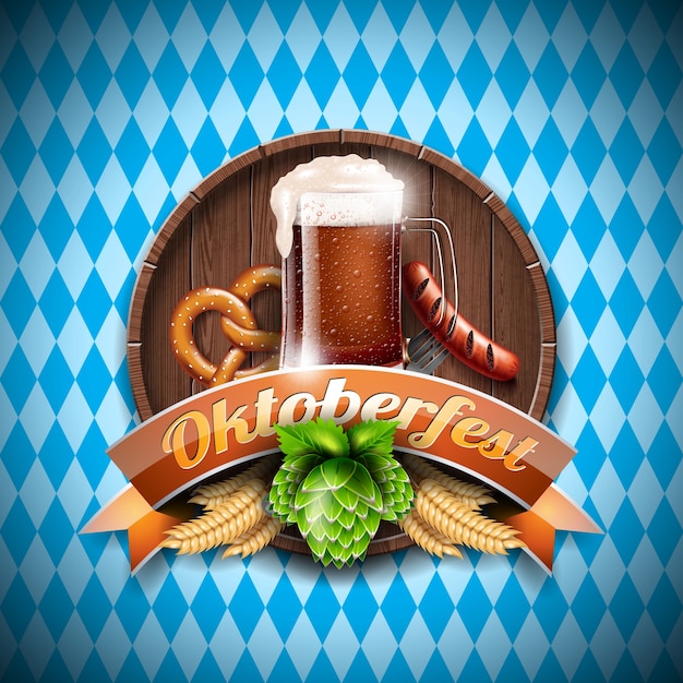 Oktoberfest illustrazione vettoriale con birra fresca scura su sfondo bianco blu. bandiera per la festa tradizionale della birra tedesca.