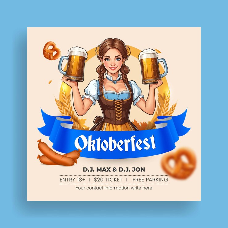 Vector oktoberfest viering feest sociale media en instagram post banner aantrekkelijke serveerster met bier