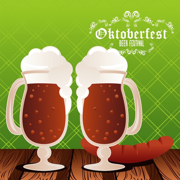 Vector oktoberfest viering festival poster met bierbekers en worst.