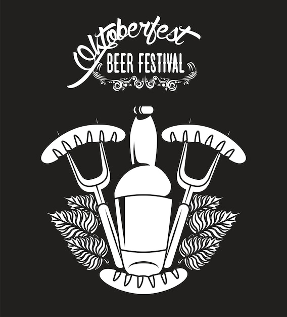 Oktoberfest viering festival poster met bierfles en worstjes in vorken.