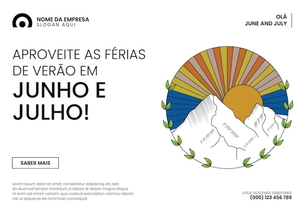 Ola banner de junho de julho com por do sol e ilustracao vetorial de montanhas