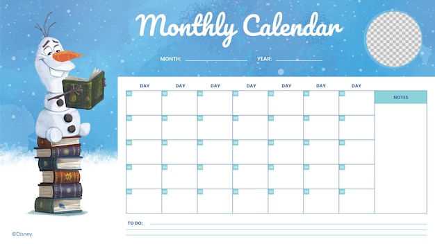 Vector olaf frozen monthly calendar