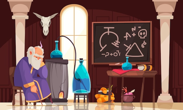 Old alchemist sitting in his laboratory with flasks