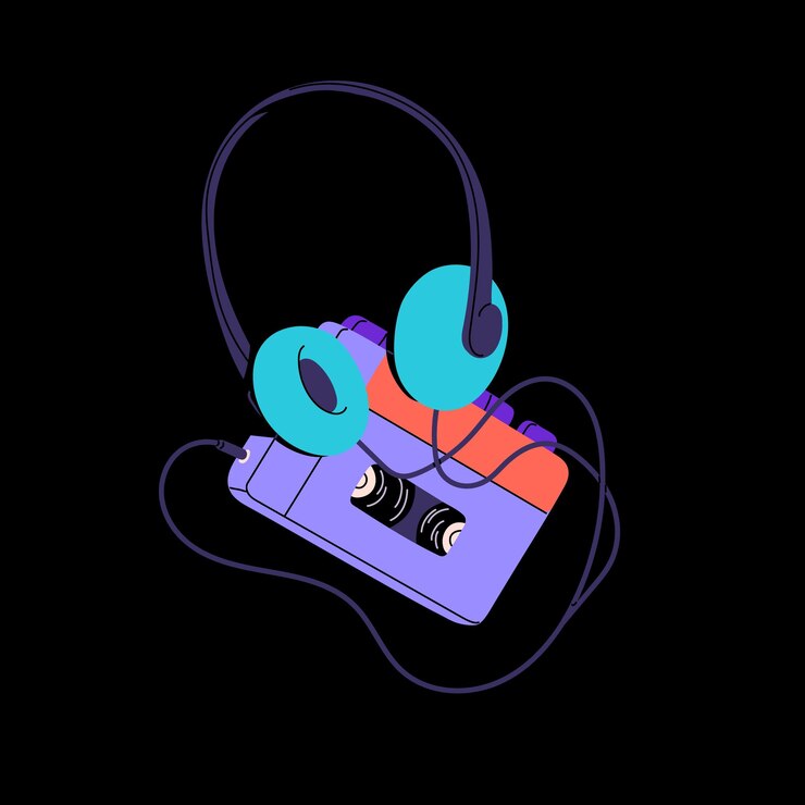 Vector old analog cassette audio player retro tape music recorder with headphone vintage musical technology 80s 90s mixtape device retrowave wireless stereo equipment flat isolated vector illustration