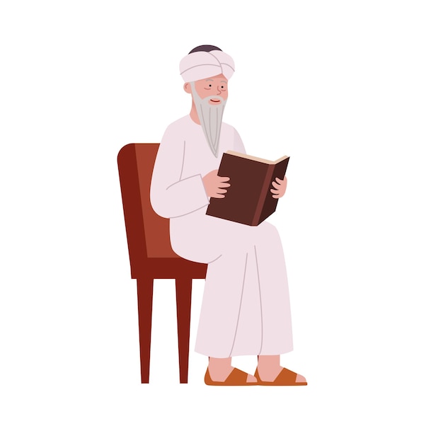 Old Arabian Man Reading Book Sitting on Chair Illustration