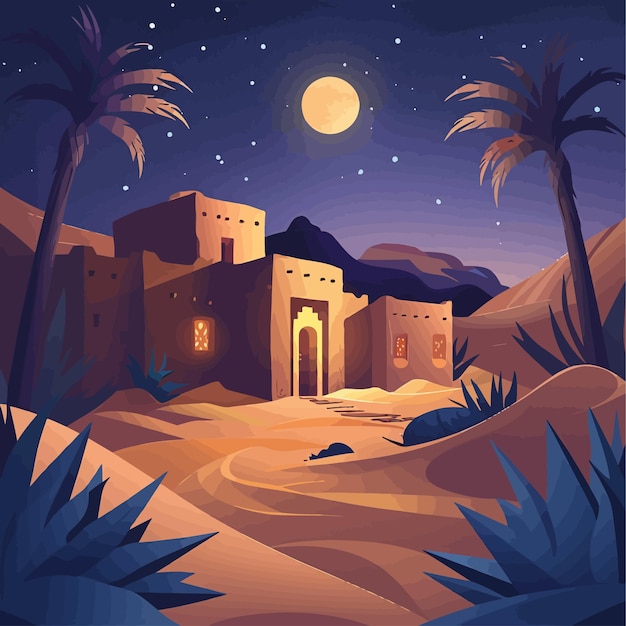 old_arabic_house_in_Desert_oasis_in_the_night_vector