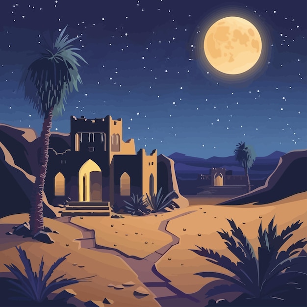 old_arabic_house_in_Desert_oasis_in_the_night_vector