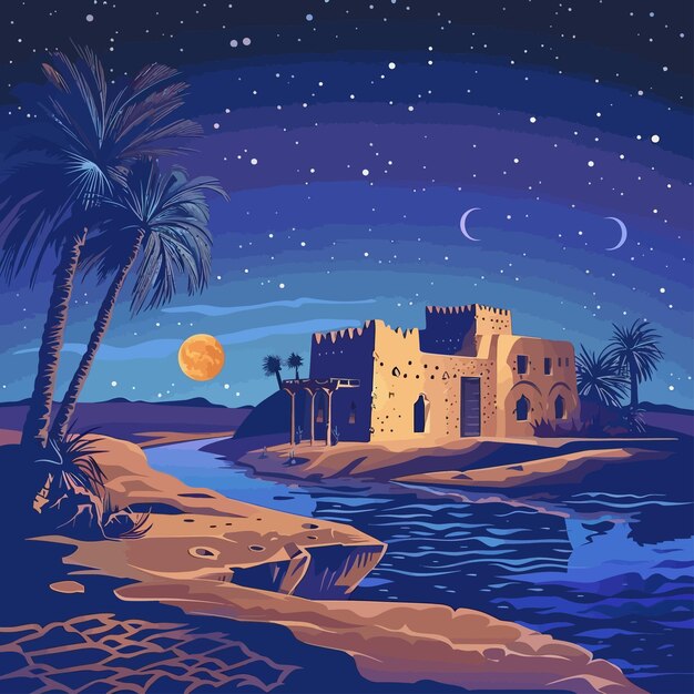 Vector old_arabic_house_in_desert_oasis_in_the_night_vector