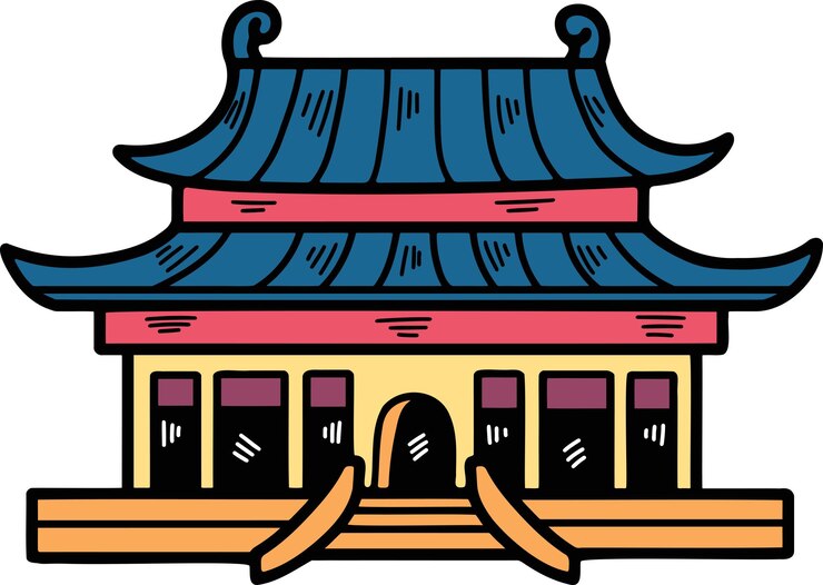 Vector old architectural buildings in chinese or japanese style hand drawn in line style