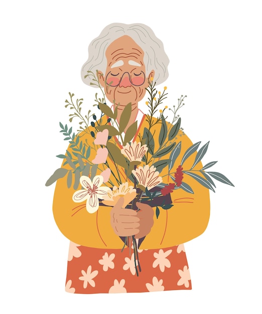 Vector old asian woman holding bouquet of flowers