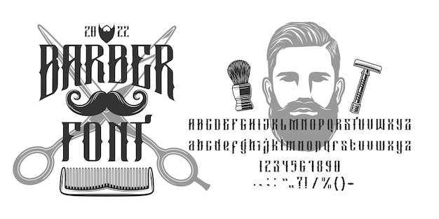 Old barber shop font vintage type western elegant typeface kapsel engels alfabet Barbershop vector typografie letters en cijfers retro American Wild West abc met snor barber schaar
