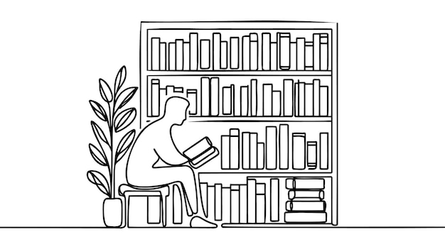 오래된 책들은 선반에 있습니다. 한 줄의 예술. 책 도서관의 연속적인 선 그림. 교육 학교 연구.