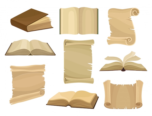 Old books and paper scrolls or parchments set  Illustration on a white background