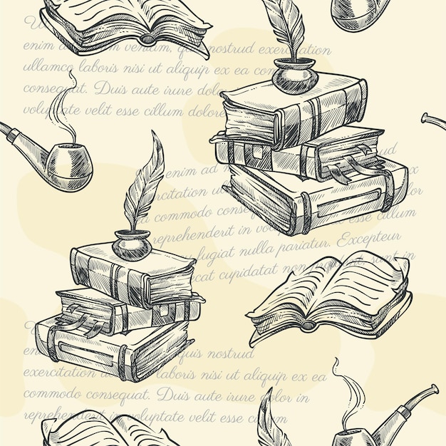 Old books and smoking pipe seamless pattern print