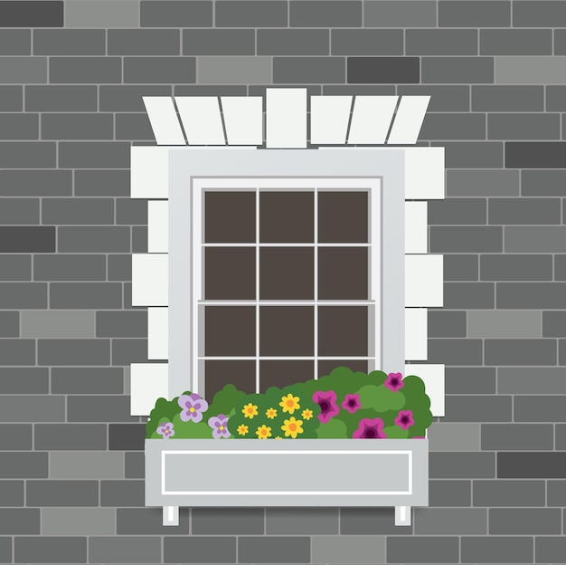 Old brick wall facade window and flowers in pots