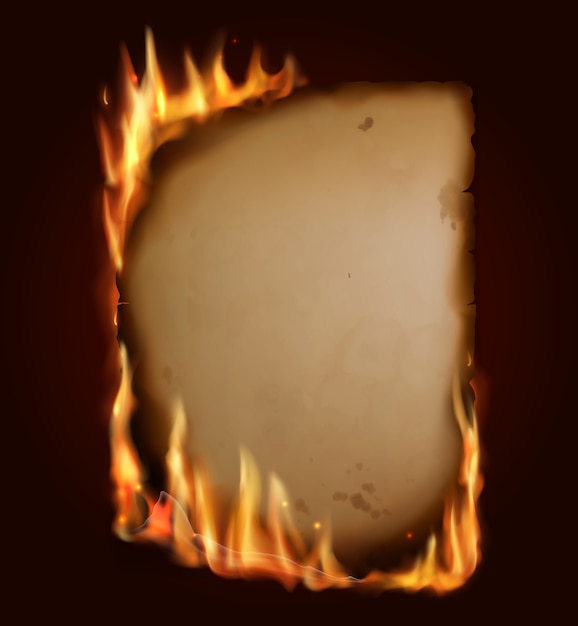 Вектор Старая горящая бумага, сжечь разорванную страницу пергамента реалистичным огнем, искрами и углями. пустая вертикальная горящая карта, шаблон для старинного письма, старинный свиток, изолированная пылающая рамка