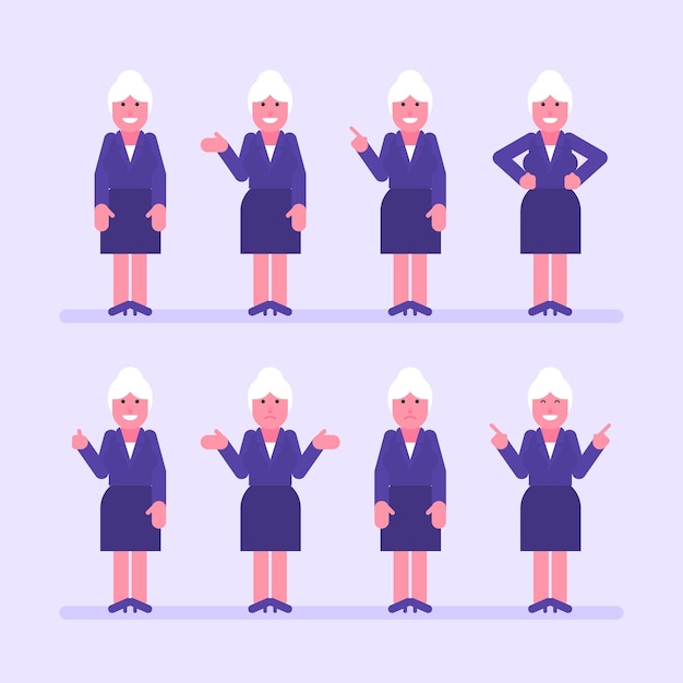 Old business woman points and shows. Character set. Vector Illustration