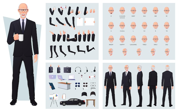 Старый бизнесмен в черном костюме, набор для создания персонажей, спереди, сбоку, сзади, анимированный персонаж, человек Premium векторы