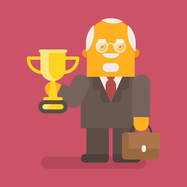 Old businessman holding gold cup and suitcase. Vector character. Vector illustration