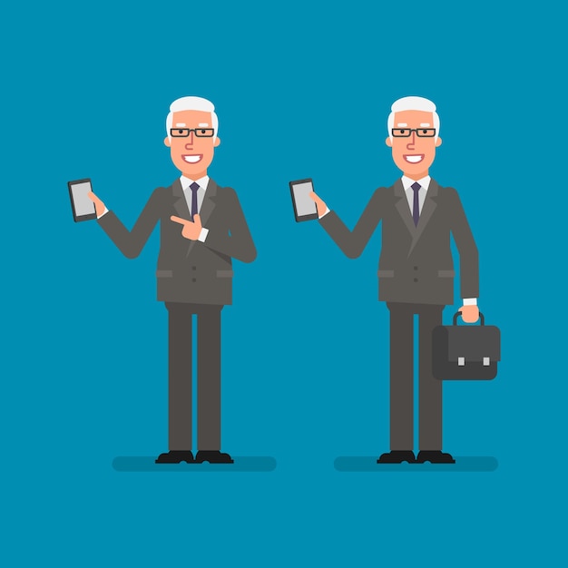 Vector old businessman holds mobile phone holds suitcase and smiling. business people. vector illustration.