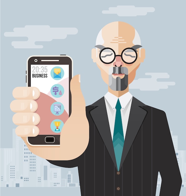 Vector old businessman showing his smartphone, modern flat illustration, technology, online concept