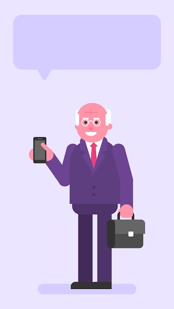 Old businessman three quarters face holding suitcase and mobile phone