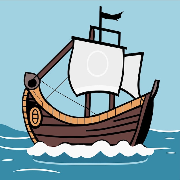 Vector old caravel fantasy sailboat hand drawn flat stylish cartoon sticker icon concept isolated