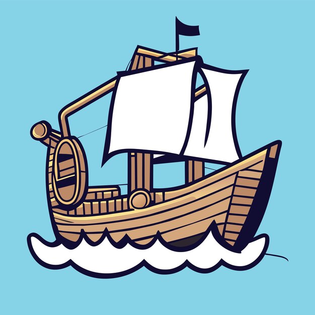 Old caravel fantasy sailboat hand drawn flat stylish cartoon sticker icon concept isolated