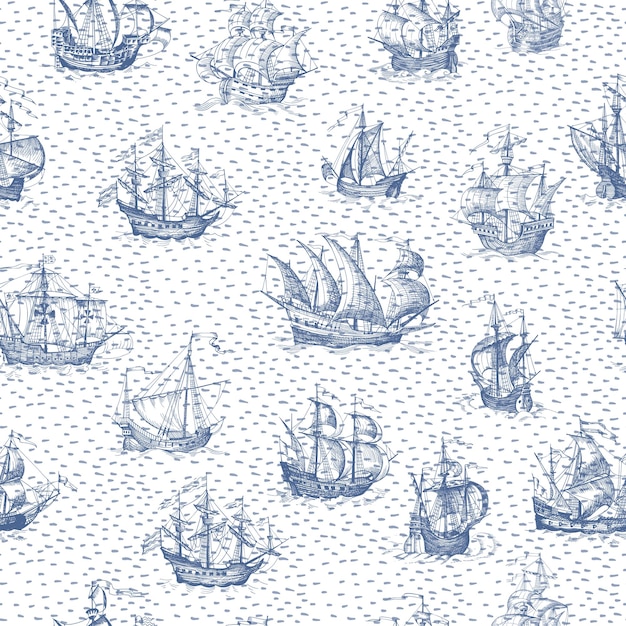 Old caravel vintage sailboat Hand drawn vector sketch Vector seamless pattern