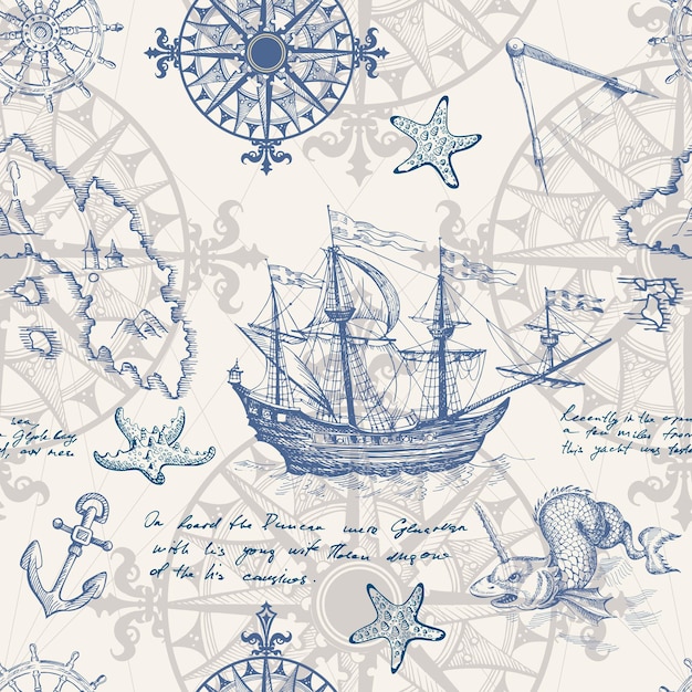 Vector old caravel, vintage sailboat. hand drawn vector sketch. vector seamless pattern