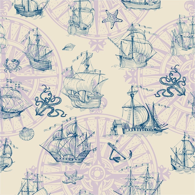 Vector old caravel, vintage sailboat, sea monster, old lighthouse. vector seamless pattern.