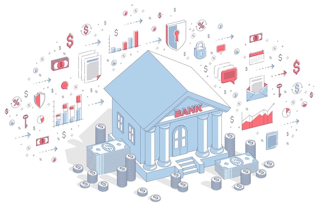 벡터 현금 돈 달러 더미와 흰색 배경 위에 절연 센트 스택 만화와 함께 건물 오래 된 만화 은행. 아이콘, 통계 차트 및 디자인 요소가 있는 아이소메트릭 벡터 금융 그림.