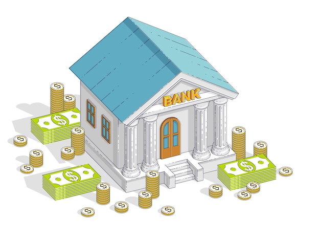 Old cartoon bank building with cash money dollar pile and cent stack cartoon isolated over white background. 3d vector business and finance design, isometric thin line illustration.