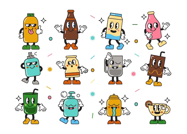 Vector old cartoon mascot character elements different bottle posecharacter creator for vintage