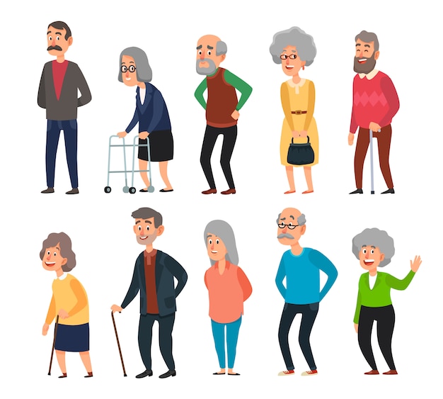 Old cartoon seniors. Aged people, wrinkled senior grandfather and walking grandmother with gray hair isolated illustration set