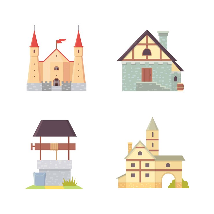 Vector old castle europe palace building vector illustrations medieval historical buildings architecture towers and old city houses
